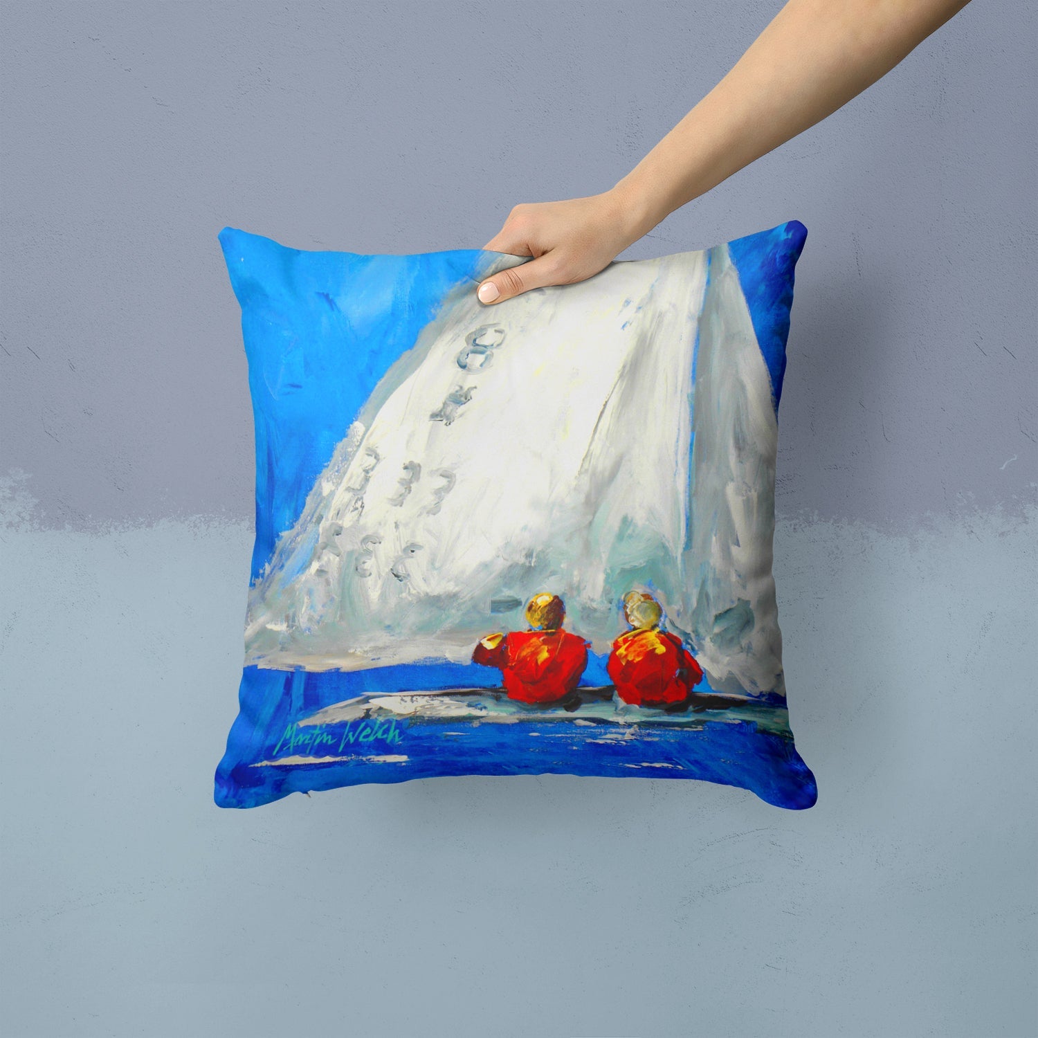 Sailboat Two's Company Decorative Throw Pillow 14x14 Indoor Outdoor Accent Cushion, Fabric Cover with Insert for Sofa, Bed, Porch & Living Room