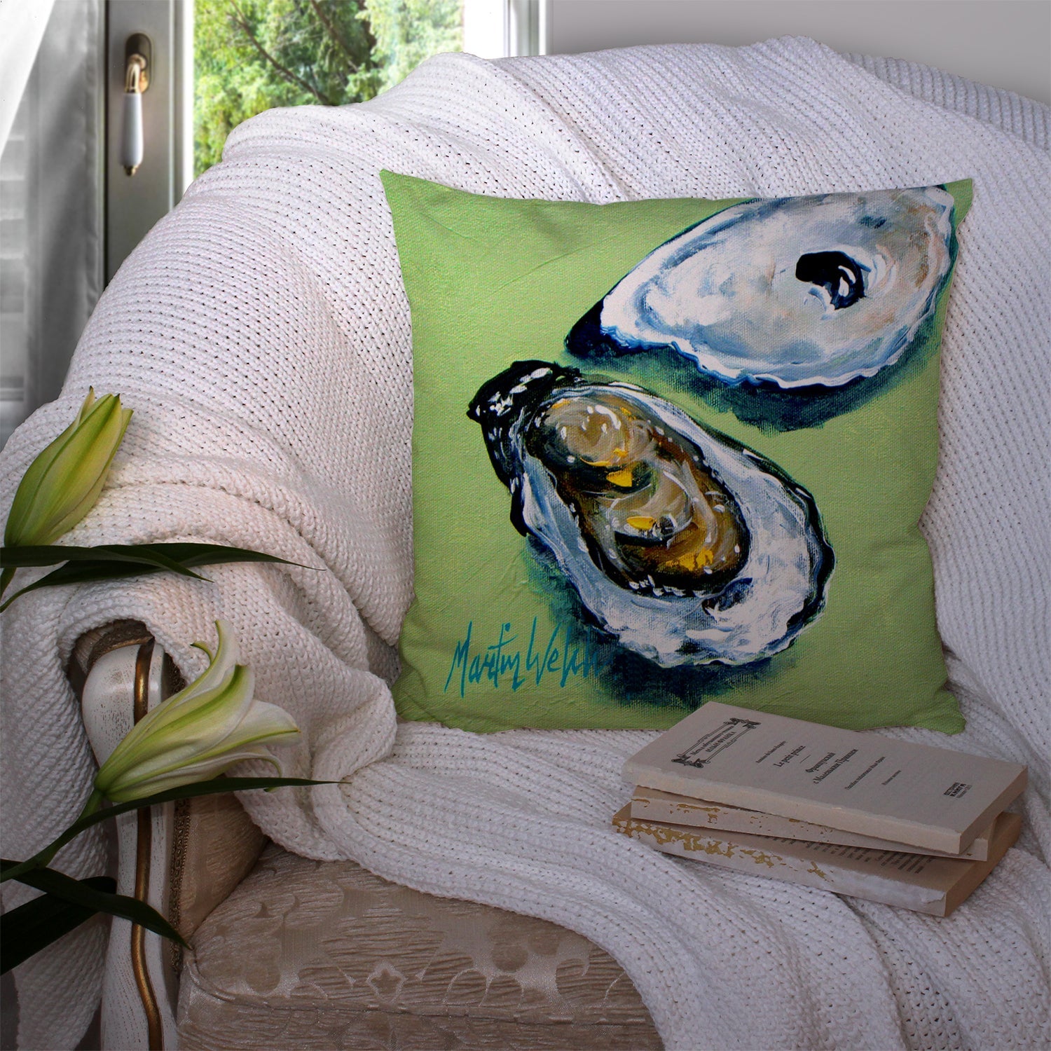 Two Shells Oyster Decorative Throw Pillow 14x14 Indoor Outdoor Accent Cushion, Fabric Cover with Insert for Sofa, Bed, Porch & Living Room