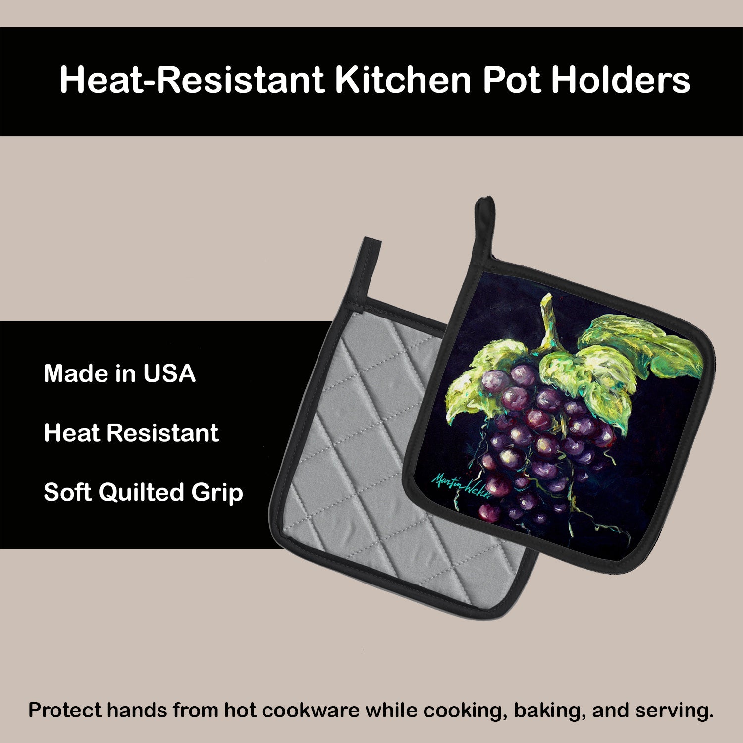 Martin's Grapes Pot Holder Set of 2 Heat Resistant Quilted Hot Pads 7.5 x 7.5 Inch, Insulated Kitchen Trivets for Cooking & Baking