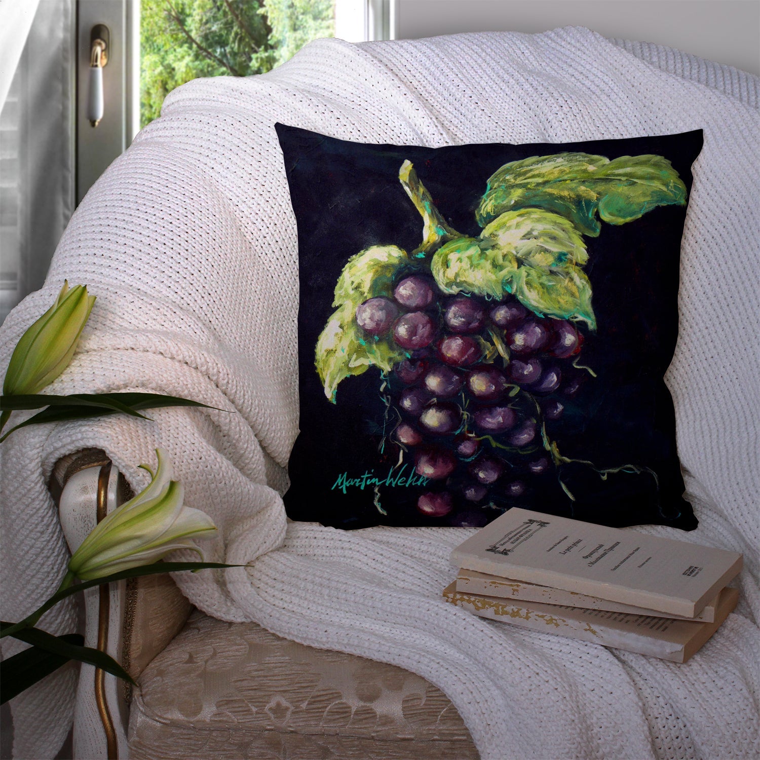 Martin's Grapes Decorative Throw Pillow 14x14 Indoor Outdoor Accent Cushion, Fabric Cover with Insert for Sofa, Bed, Porch & Living Room