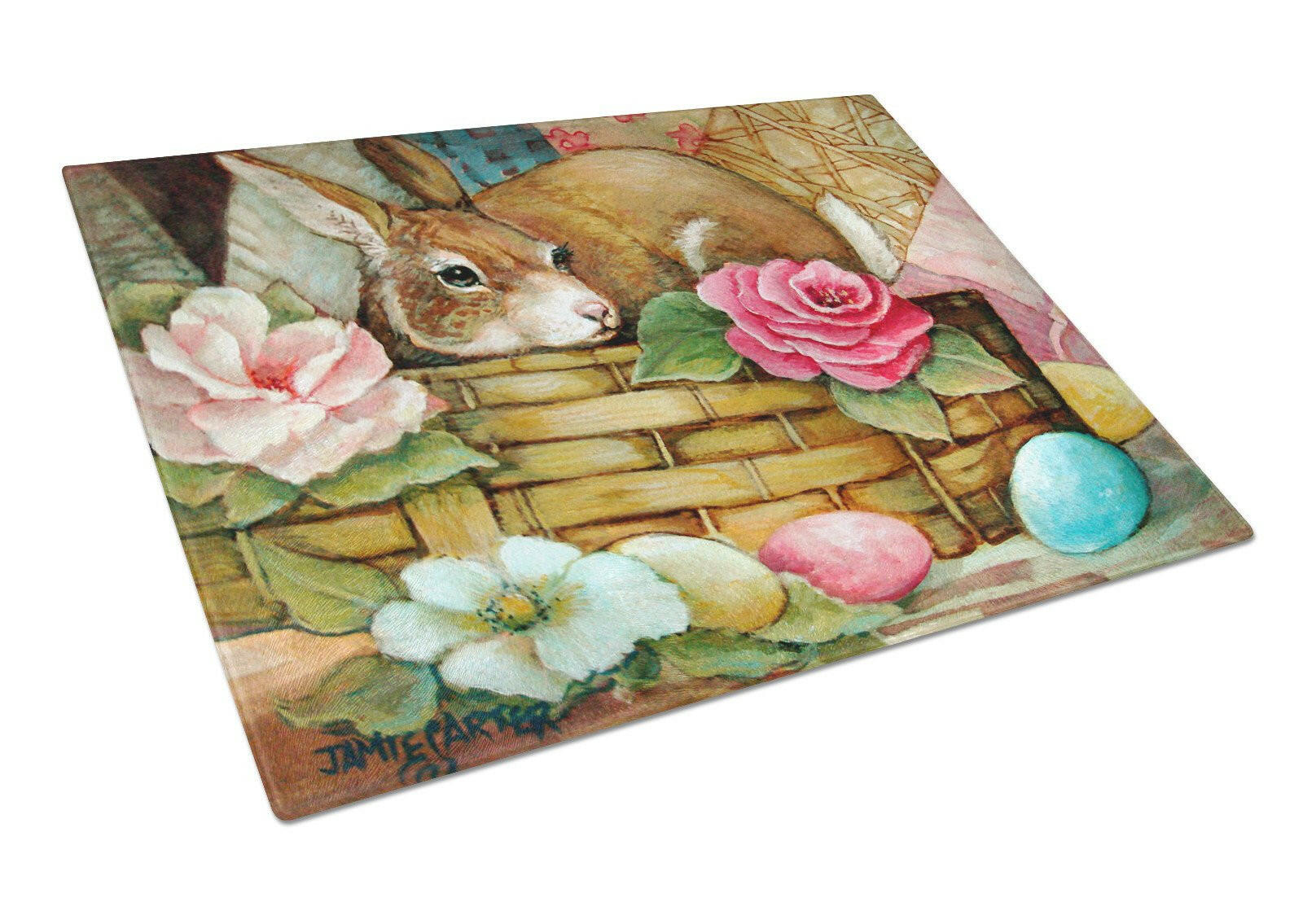 A Touch of Color Rabbit Easter Cutting Board Tempered Glass Kitchen Cutting Surface, Heat Resistant Chopping, Non-Slip Feet, Food Prep & Serving