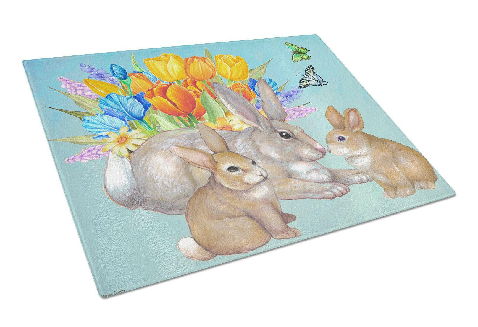 Bunny Family Easter Rabbit Cutting Board Tempered Glass Kitchen Cutting Surface, Heat Resistant Chopping, Non-Slip Feet, Food Prep & Serving