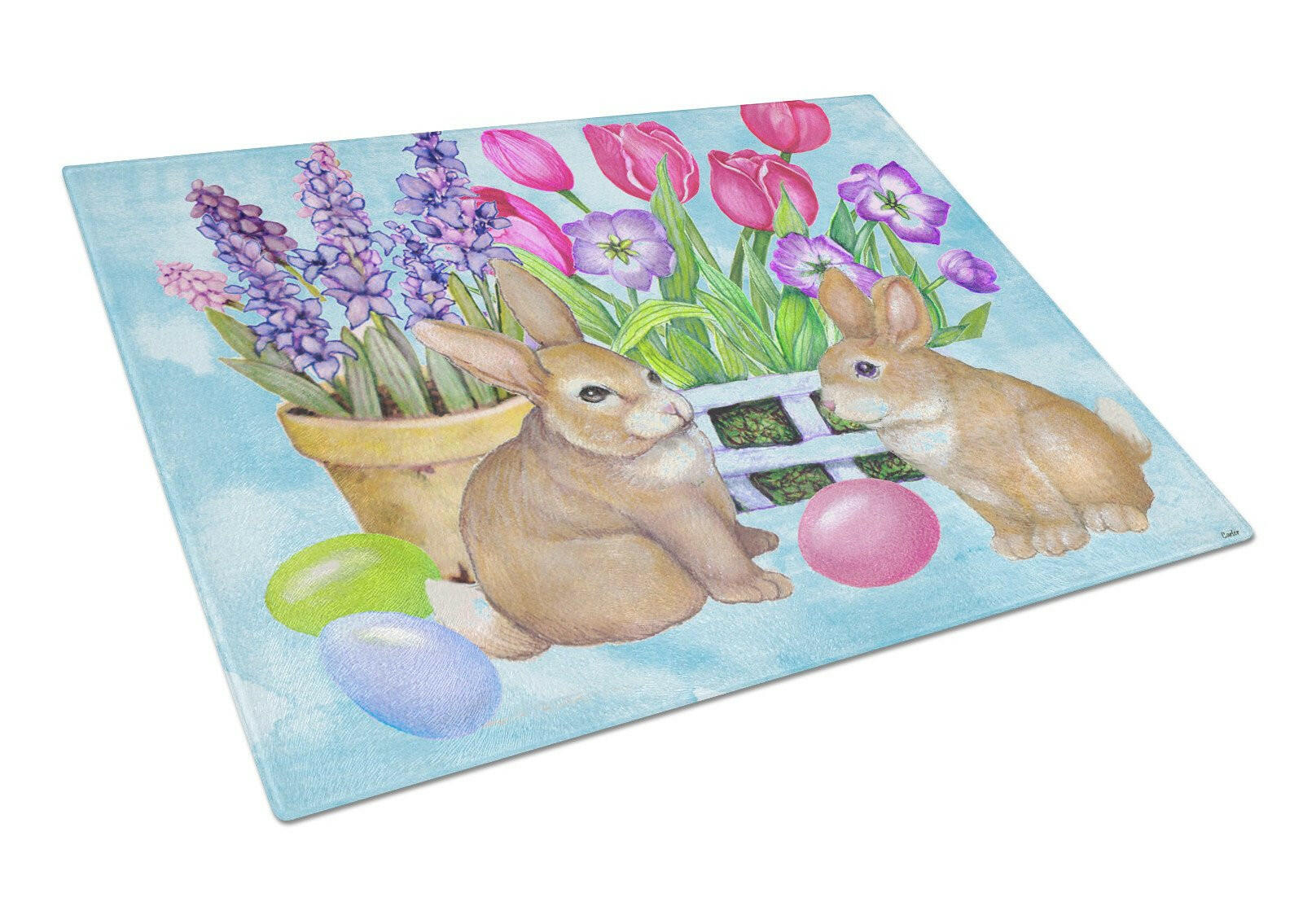 New Beginnings Easter Rabbit Cutting Board Tempered Glass Kitchen Cutting Surface, Heat Resistant Chopping, Non-Slip Feet, Food Prep & Serving