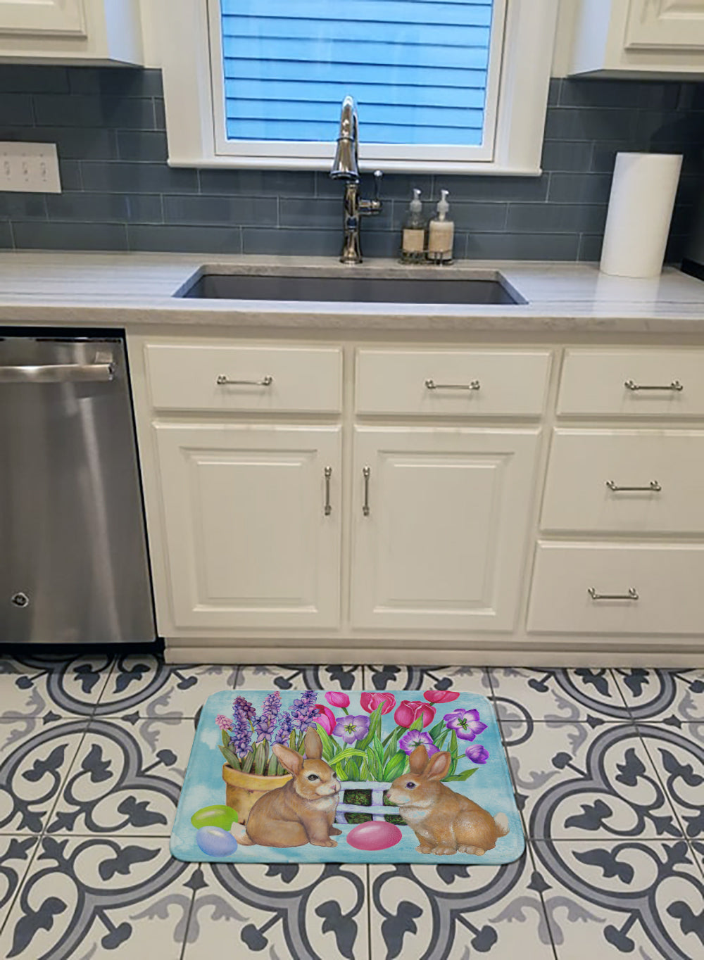 New Beginnings Easter Rabbit Memory Foam Kitchen Mat Machine Washable Anti-Fatigue Cushion Comfort Bath or Kitchen Rug