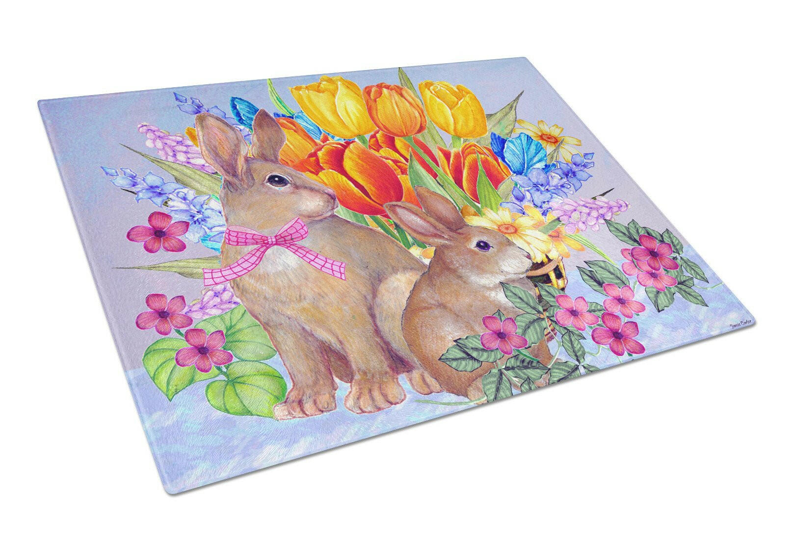 New Beginnings II Easter Rabbit Cutting Board Tempered Glass Kitchen Cutting Surface, Heat Resistant Chopping, Non-Slip Feet, Food Prep & Serving