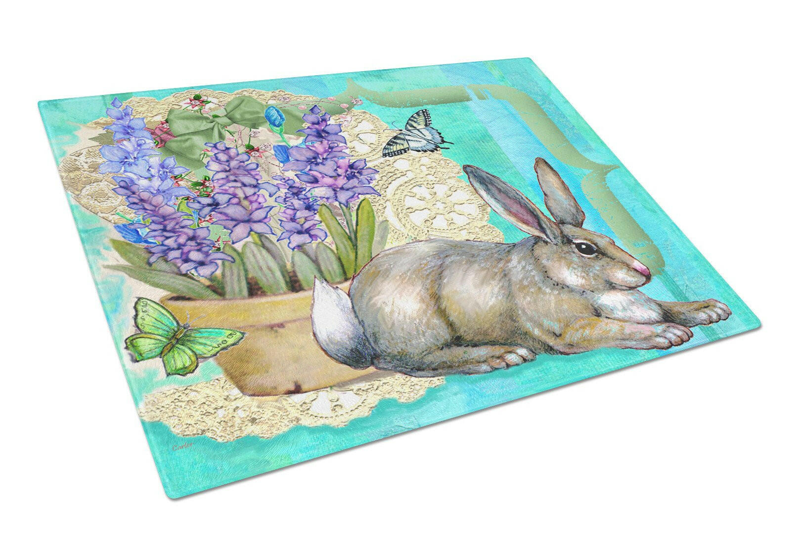 Springtime Easter Rabbit Cutting Board Tempered Glass Kitchen Cutting Surface, Heat Resistant Chopping, Non-Slip Feet, Food Prep & Serving