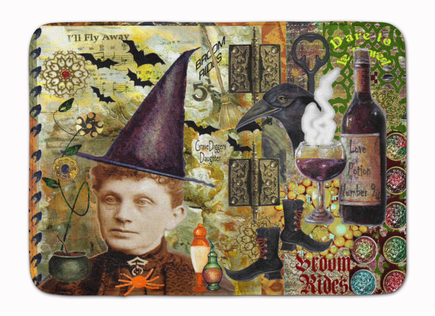 Broom Rides and Spells Halloween Memory Foam Kitchen Mat Machine Washable Anti-Fatigue Cushion Comfort Bath or Kitchen Rug