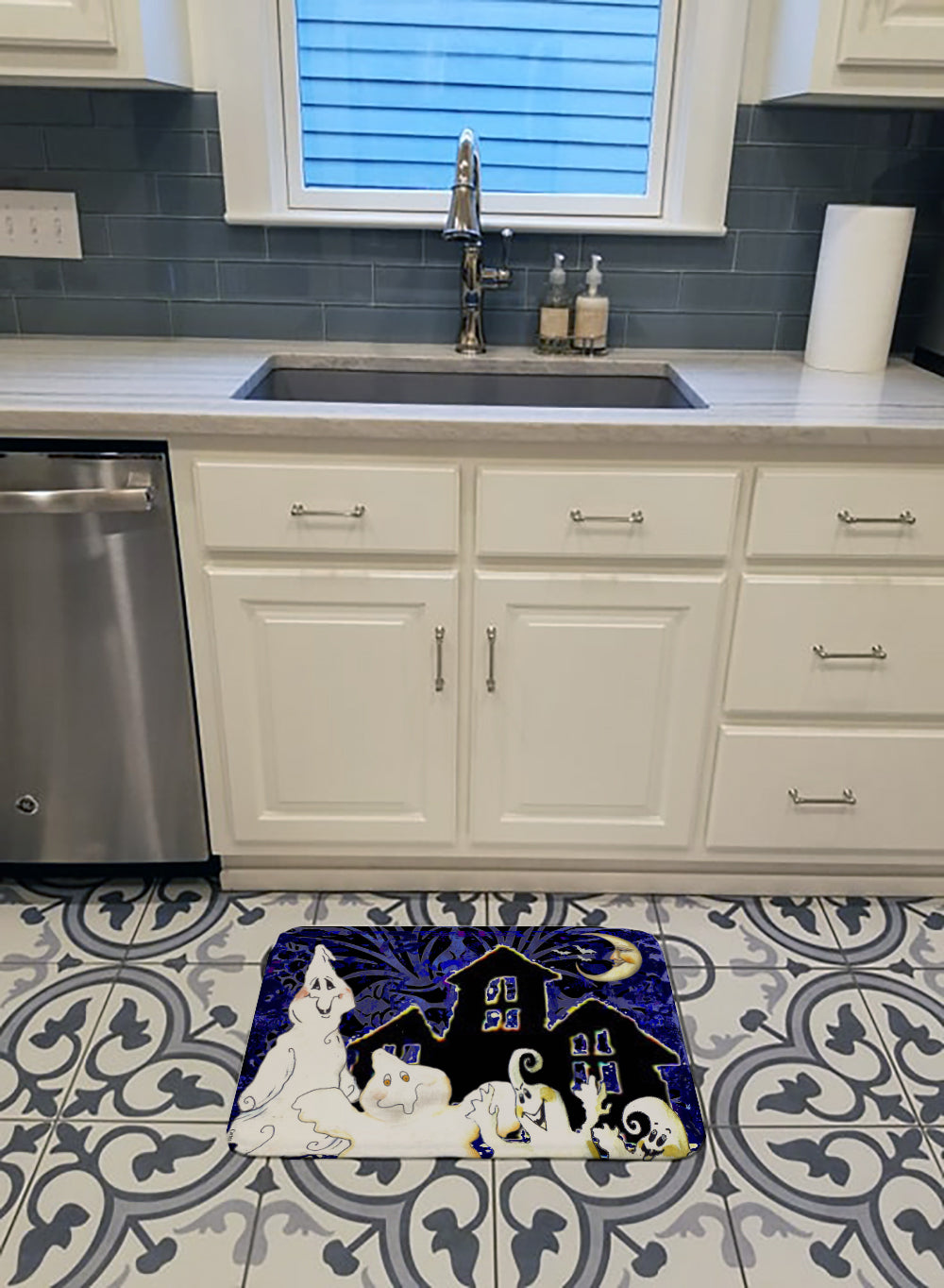 The Gang's All Here Ghosts Halloween Memory Foam Kitchen Mat Machine Washable Anti-Fatigue Cushion Comfort Bath or Kitchen Rug
