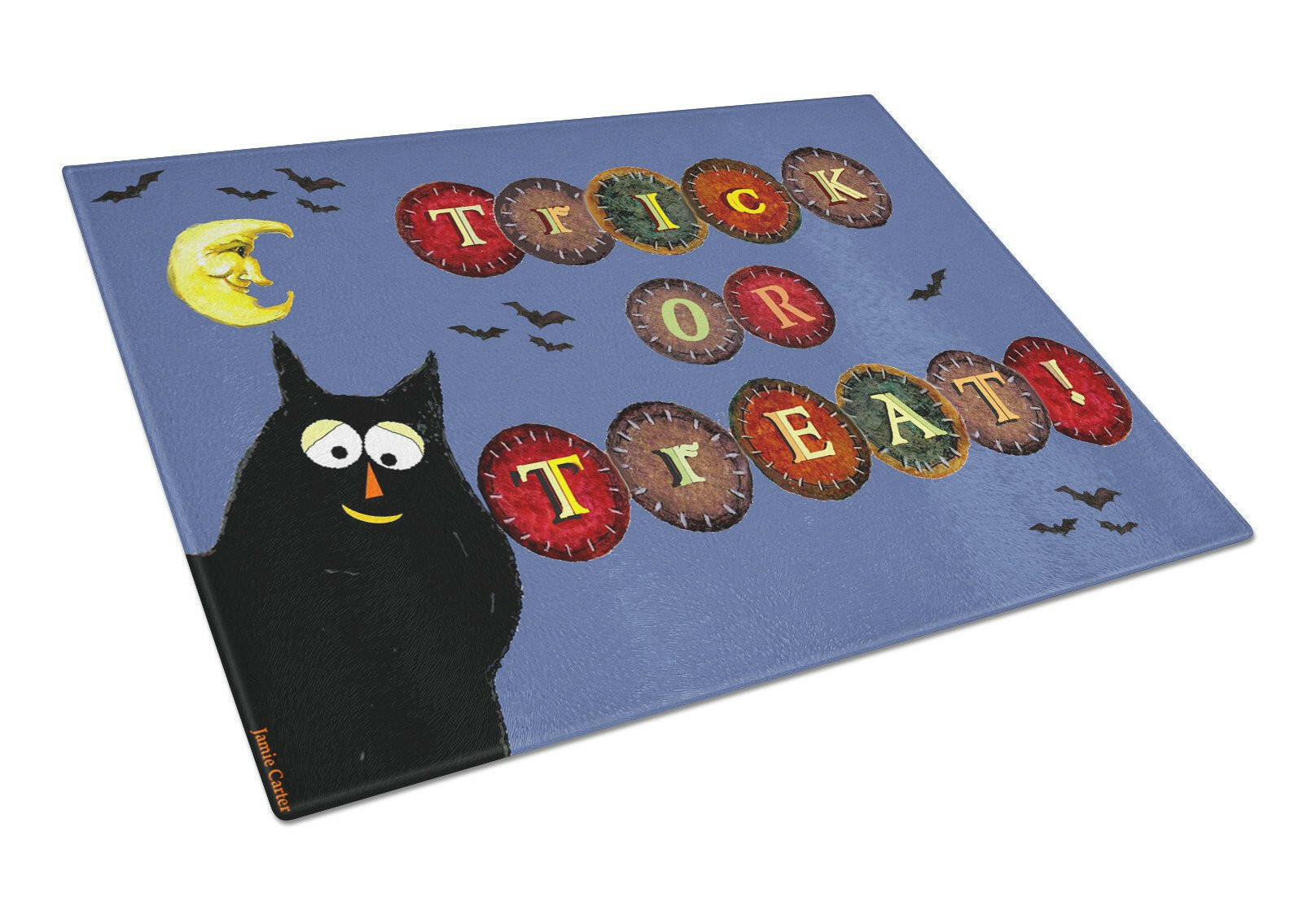 Trick or Treat Kitty Halloween Cutting Board Tempered Glass Kitchen Cutting Surface, Heat Resistant Chopping, Non-Slip Feet, Food Prep & Serving