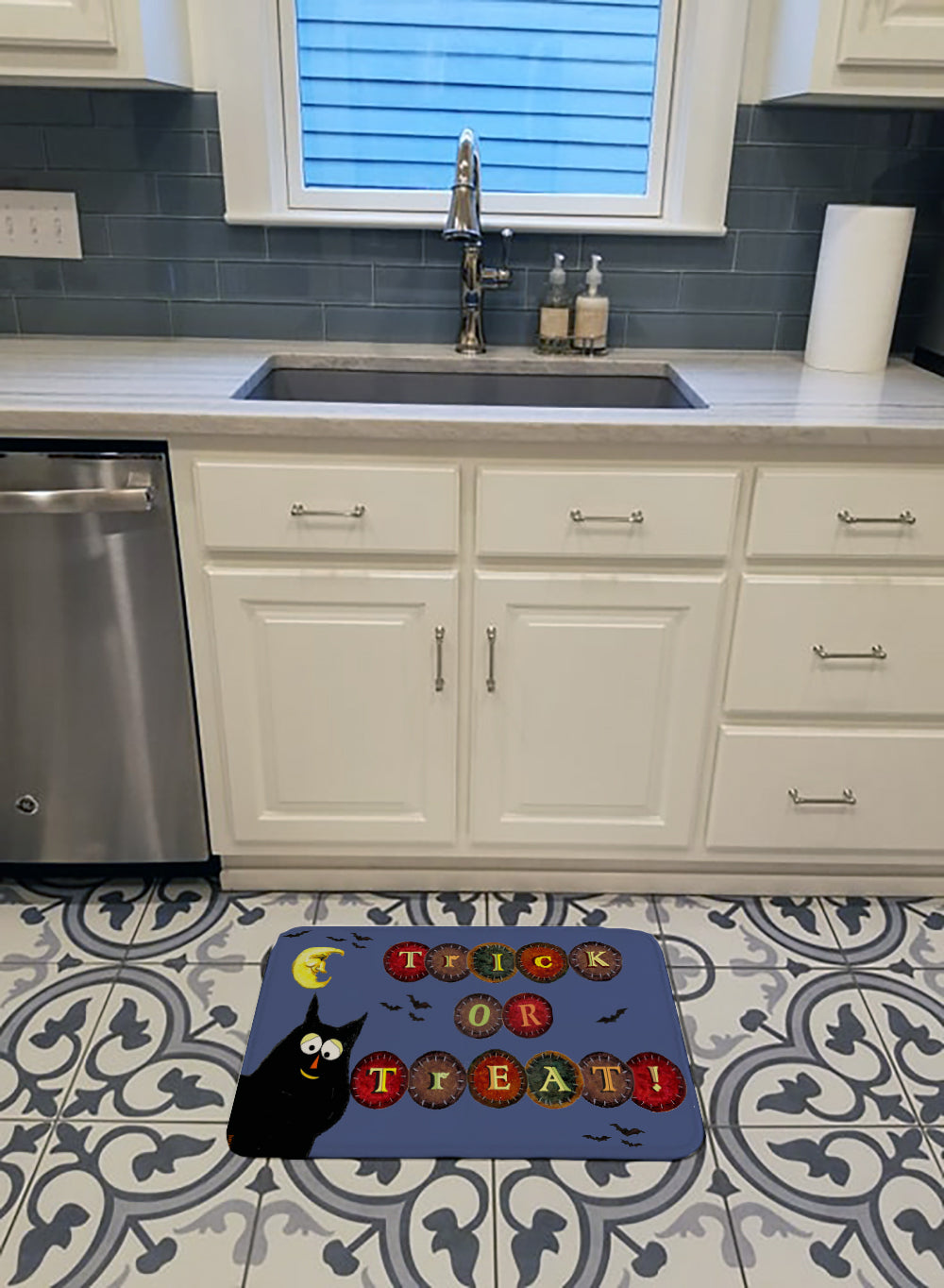 Trick or Treat Kitty Halloween Memory Foam Kitchen Mat Machine Washable Anti-Fatigue Cushion Comfort Bath or Kitchen Rug