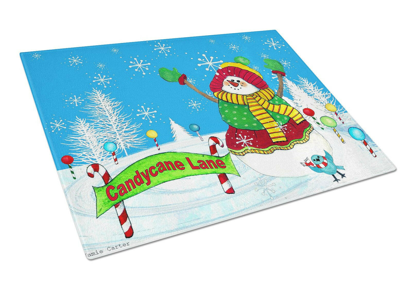 Candy Cane Lane Snowman Cutting Board Tempered Glass Kitchen Cutting Surface, Heat Resistant Chopping, Non-Slip Feet, Food Prep & Serving