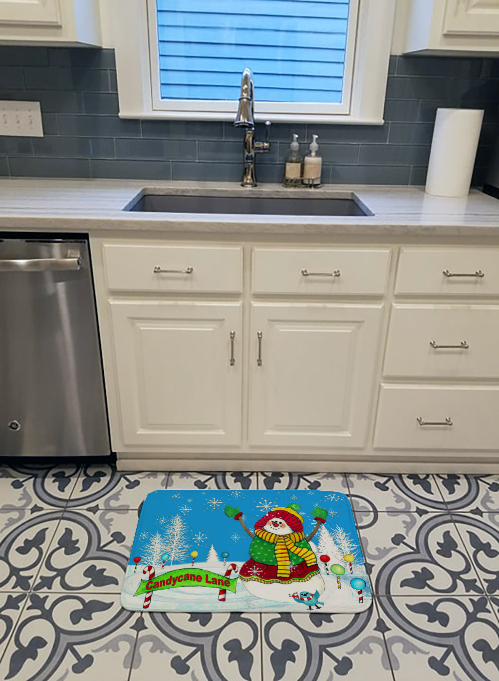 Candy Cane Lane Snowman Memory Foam Kitchen Mat Machine Washable Anti-Fatigue Cushion Comfort Bath or Kitchen Rug