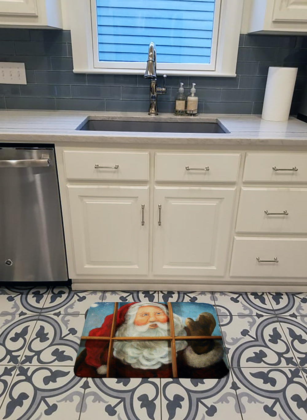 Kindly Visitor Santa Claus Christmas Memory Foam Kitchen Mat Machine Washable Anti-Fatigue Cushion Comfort Bath or Kitchen Rug