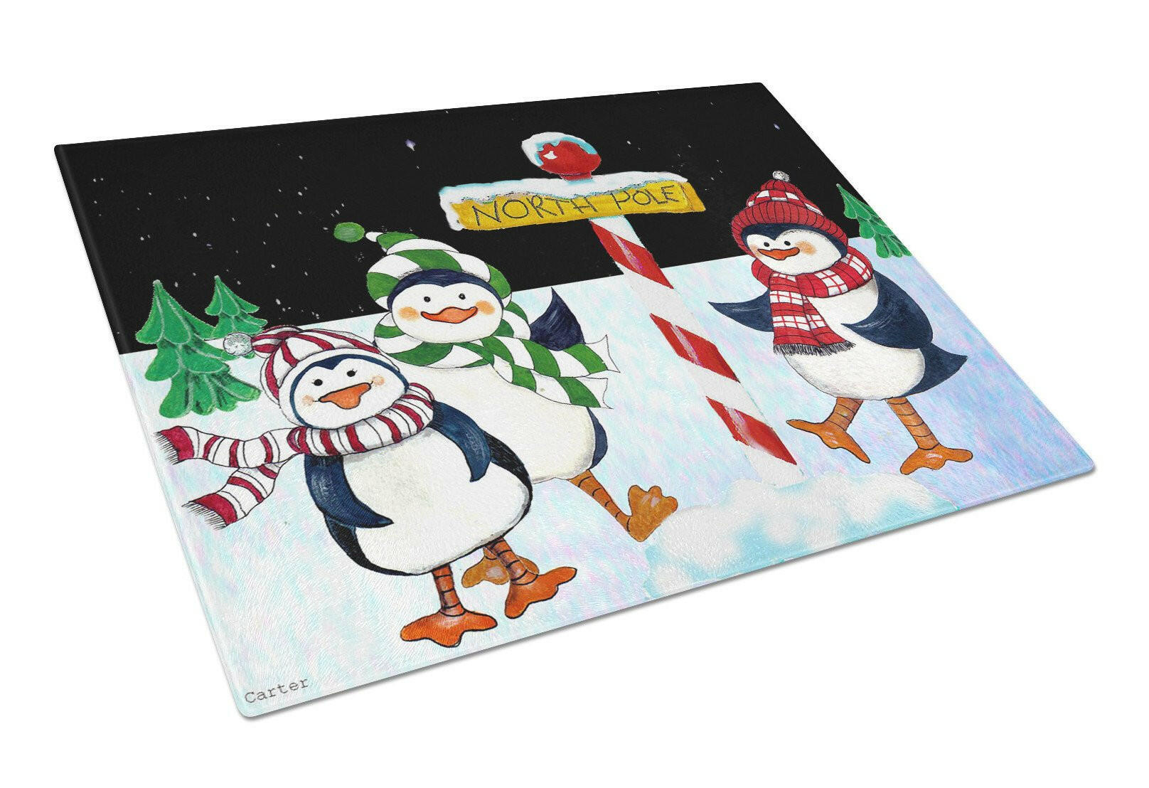 North Pole Welcomes You Penguins Cutting Board Tempered Glass Kitchen Cutting Surface, Heat Resistant Chopping, Non-Slip Feet, Food Prep & Serving