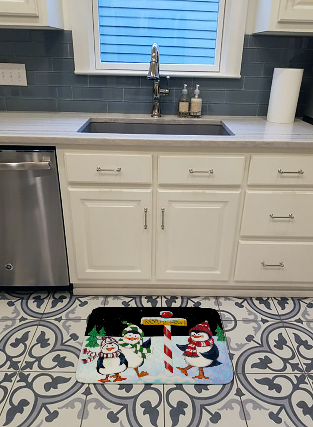 North Pole Welcomes You Penguins Memory Foam Kitchen Mat Machine Washable Anti-Fatigue Cushion Comfort Bath or Kitchen Rug