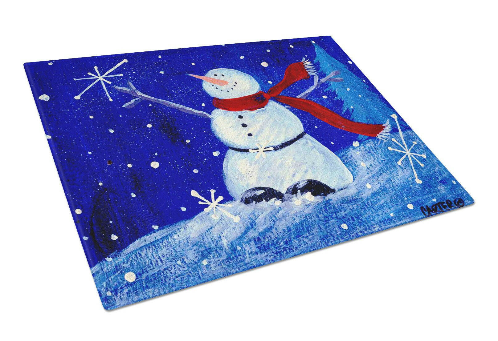 Happy Holidays Snowman Cutting Board Tempered Glass Kitchen Cutting Surface, Heat Resistant Chopping, Non-Slip Feet, Food Prep & Serving