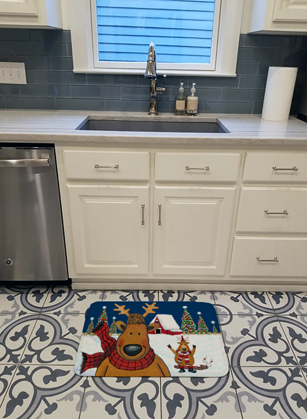 The Tree Famers Reindeer Christmas Memory Foam Kitchen Mat Machine Washable Anti-Fatigue Cushion Comfort Bath or Kitchen Rug