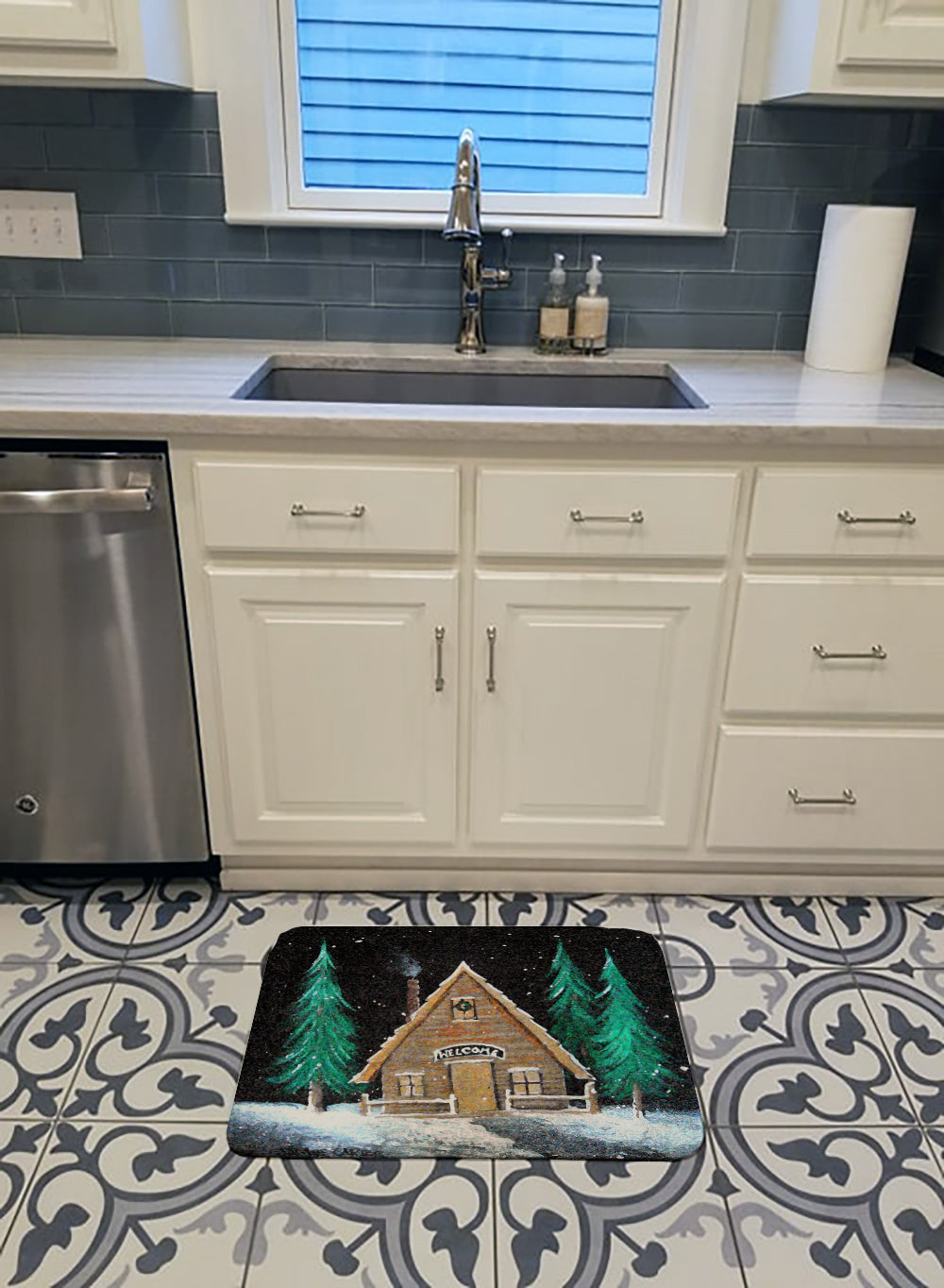 Welcome Lodge Christmas Log Home Memory Foam Kitchen Mat Machine Washable Anti-Fatigue Cushion Comfort Bath or Kitchen Rug
