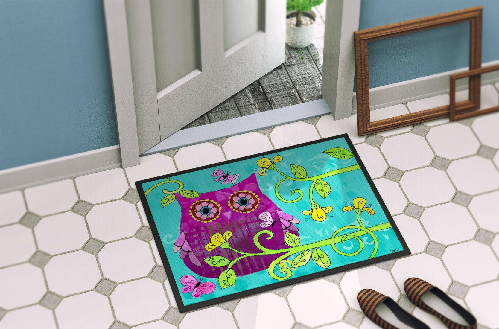 Sittin in the Flowers Owl Doormat Indoor Outdoor 24H X 36W Front Door Mat Rugs for Entryway, Non Slip Washable Low Pile,