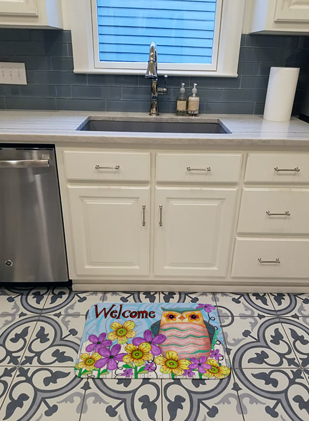 Welcome Owl Memory Foam Kitchen Mat Machine Washable Anti-Fatigue Cushion Comfort Bath or Kitchen Rug
