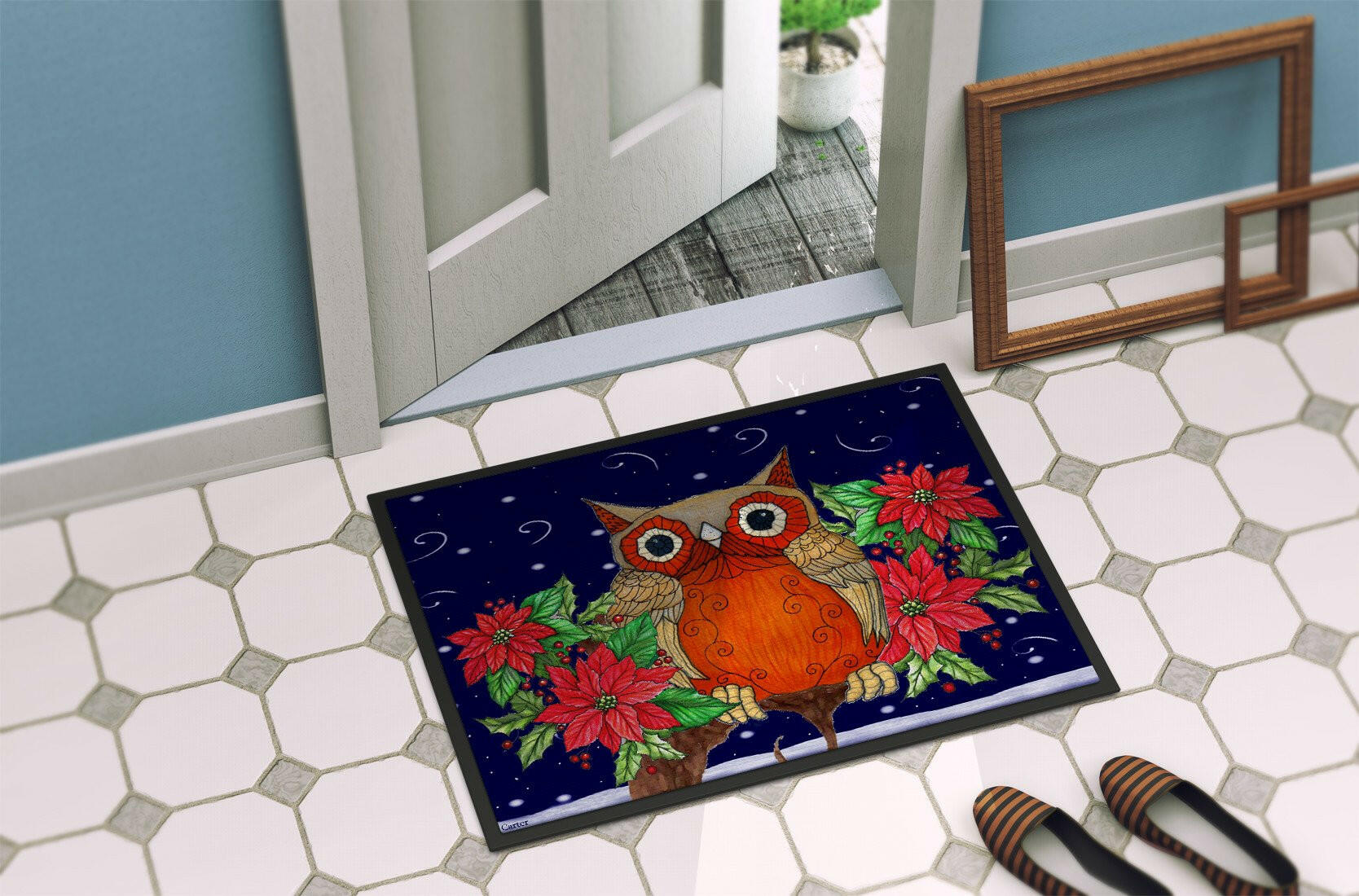 Whose Happy Holidays Owl Doormat Indoor Outdoor 24H X 36W Front Door Mat Rugs for Entryway, Non Slip Washable Low Pile,