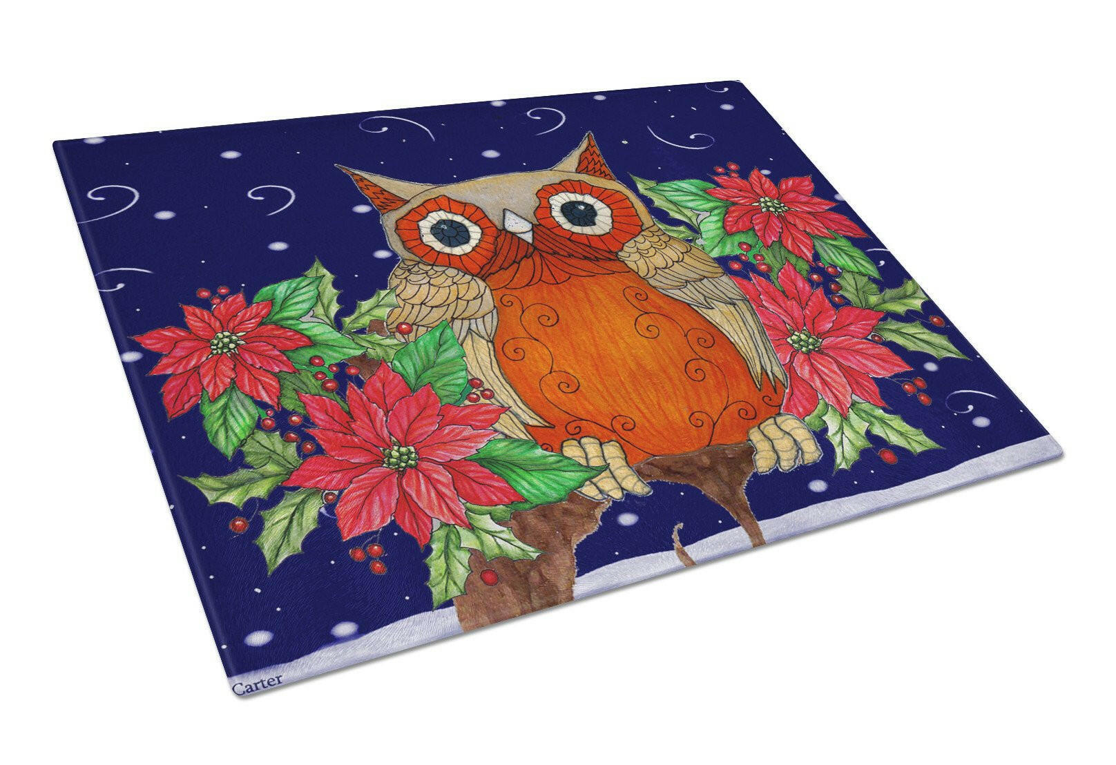 Whose Happy Holidays Owl Cutting Board Tempered Glass Kitchen Cutting Surface, Heat Resistant Chopping, Non-Slip Feet, Food Prep & Serving