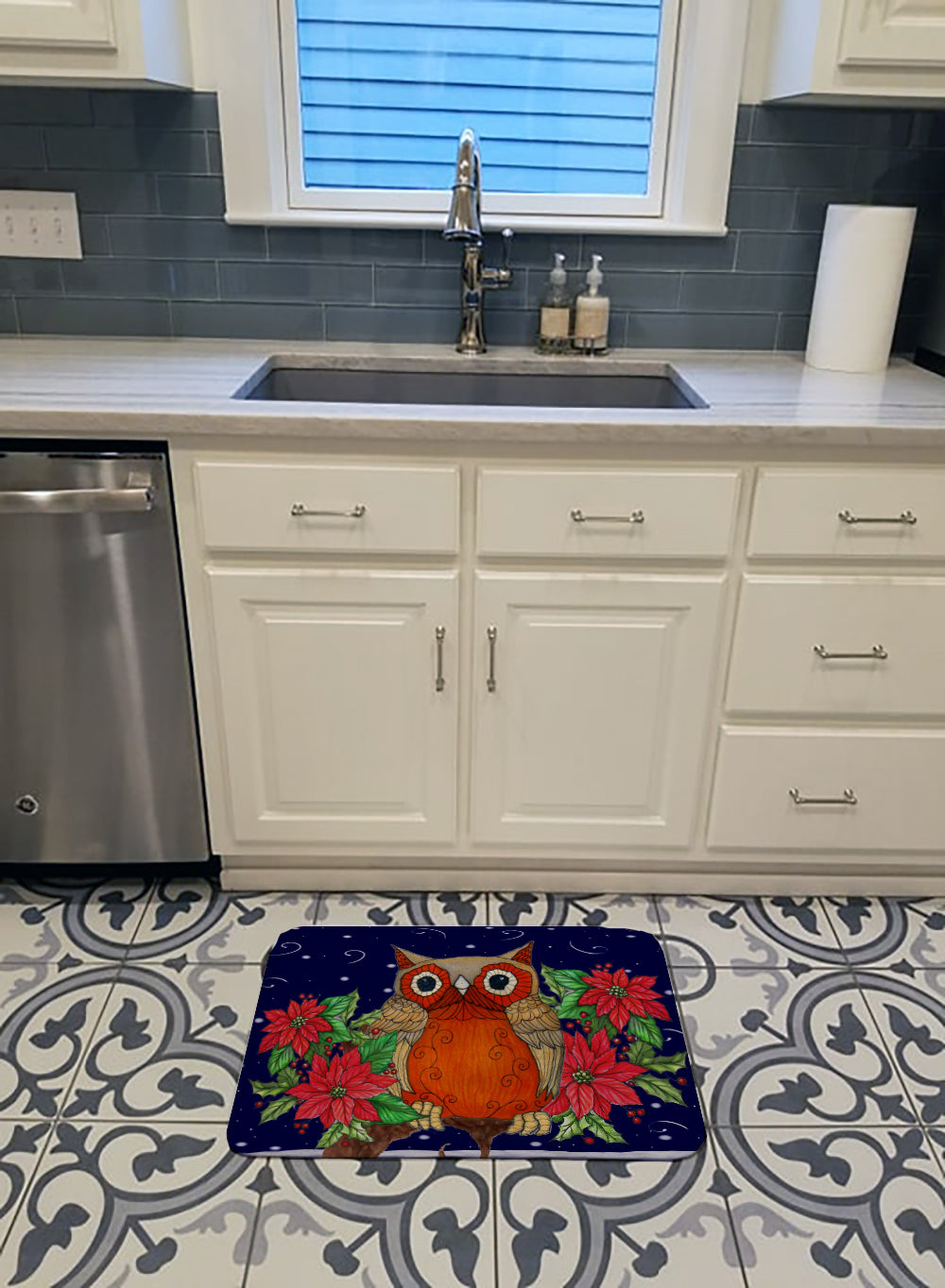 Whose Happy Holidays Owl Memory Foam Kitchen Mat Machine Washable Anti-Fatigue Cushion Comfort Bath or Kitchen Rug