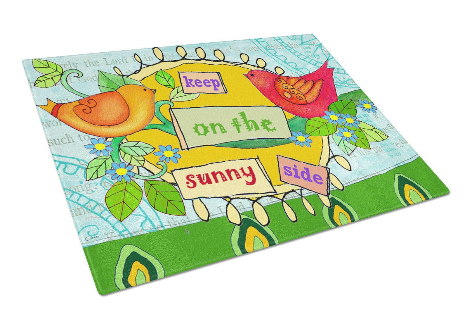 Keep on the Sunny Side Cutting Board Tempered Glass Kitchen Cutting Surface, Heat Resistant Chopping, Non-Slip Feet, Food Prep & Serving