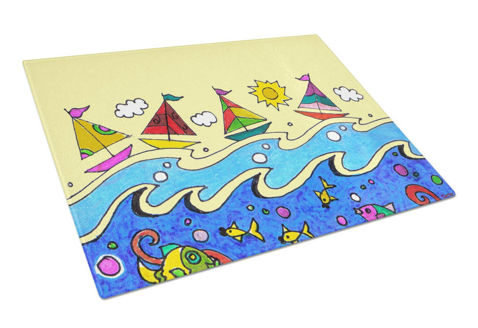 Summer Sail Away Sailboats Cutting Board Tempered Glass Kitchen Cutting Surface, Heat Resistant Chopping, Non-Slip Feet, Food Prep & Serving