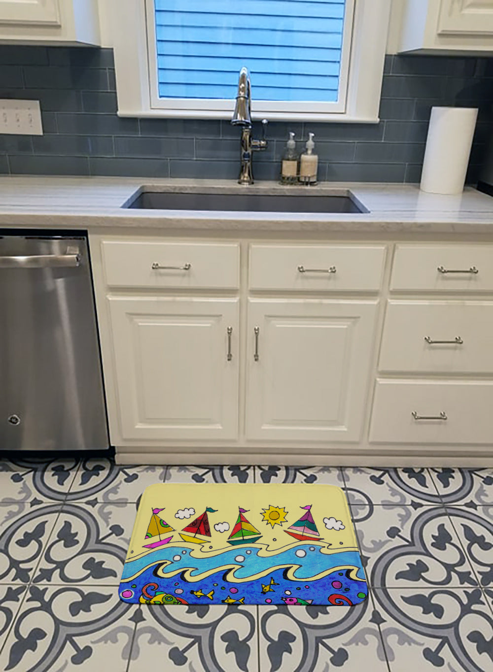 Summer Sail Away Sailboats Memory Foam Kitchen Mat Machine Washable Anti-Fatigue Cushion Comfort Bath or Kitchen Rug