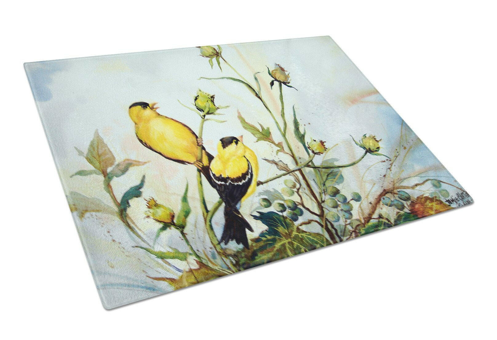 Joyful Morning Birds Cutting Board Tempered Glass Kitchen Cutting Surface, Heat Resistant Chopping, Non-Slip Feet, Food Prep & Serving
