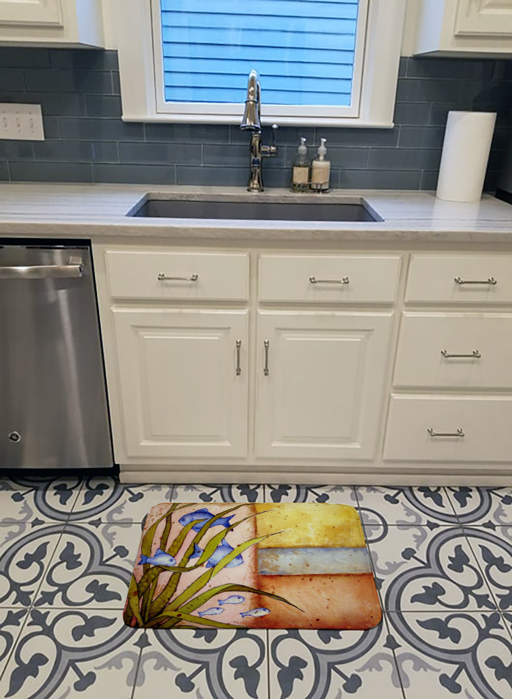 Message From The Sea Fishes Memory Foam Kitchen Mat Machine Washable Anti-Fatigue Cushion Comfort Bath or Kitchen Rug