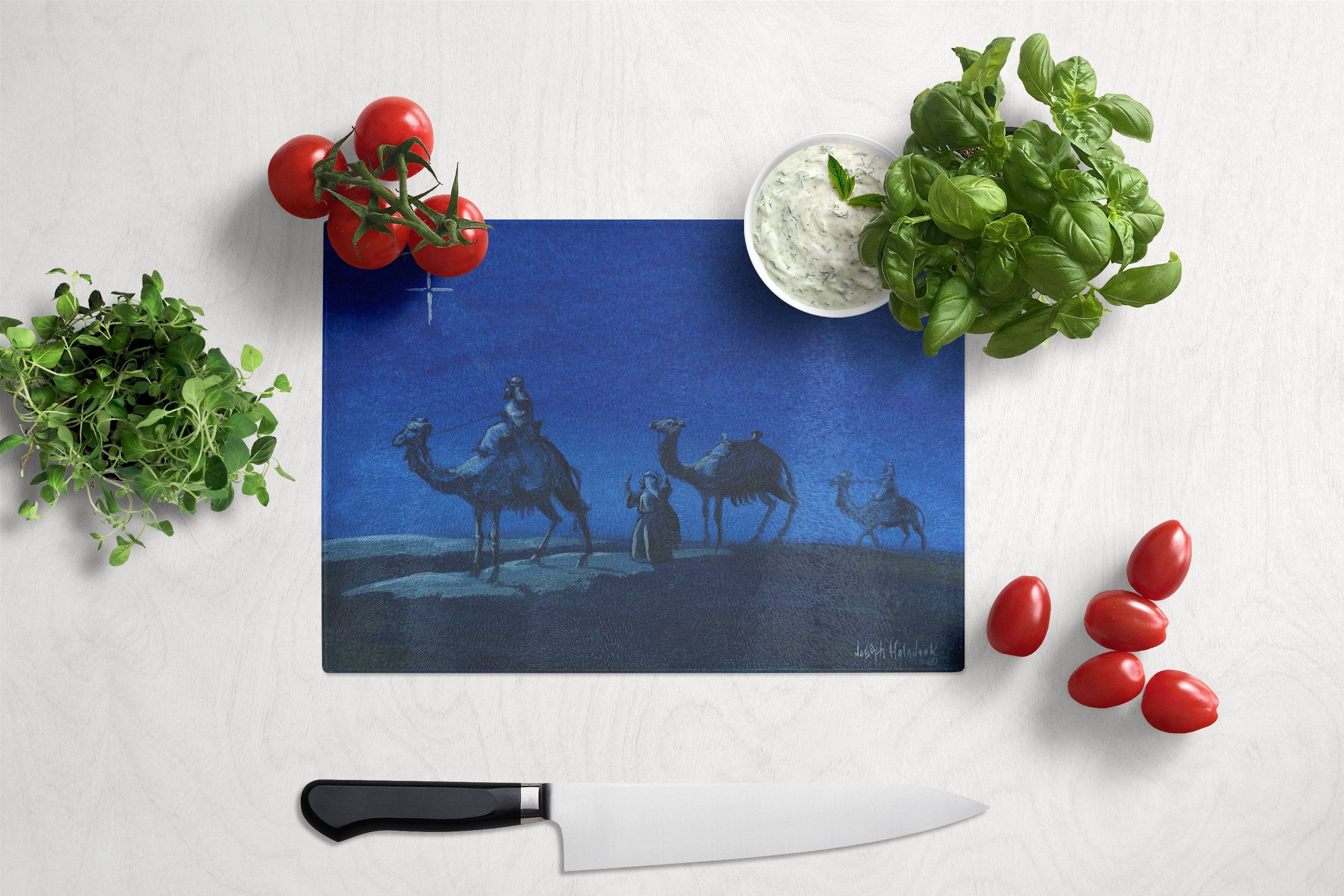 Wise Men in Blue Cutting Board Tempered Glass Kitchen Cutting Surface, Heat Resistant Chopping, Non-Slip Feet, Food Prep & Serving