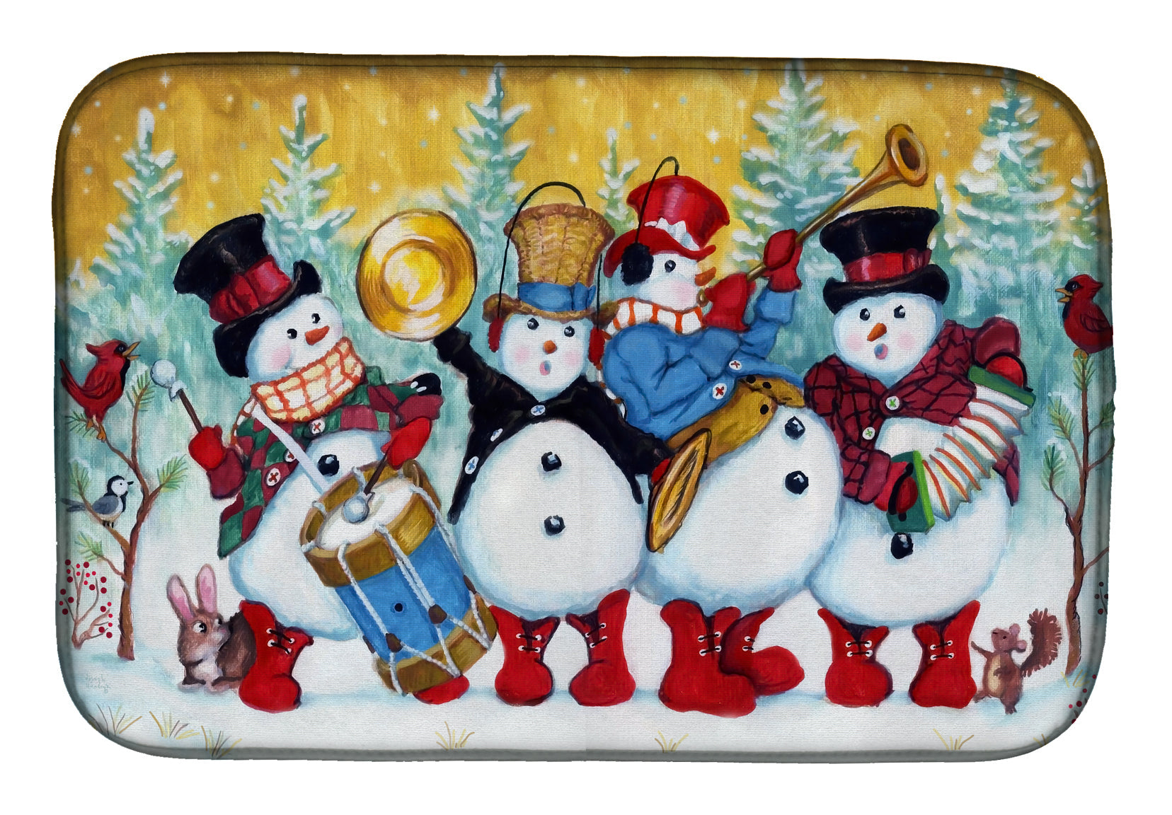 Snowmen Strike up the Band Dish Drying Mat Absorbent Dish Drying Mat Pad for Kitchen Counter Dish Drainer Mat for Countertop, 14 x 21", Multicolor