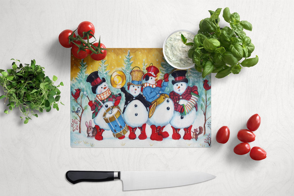 Snowmen Strike up the Band Cutting Board Tempered Glass Kitchen Cutting Surface, Heat Resistant Chopping, Non-Slip Feet, Food Prep & Serving