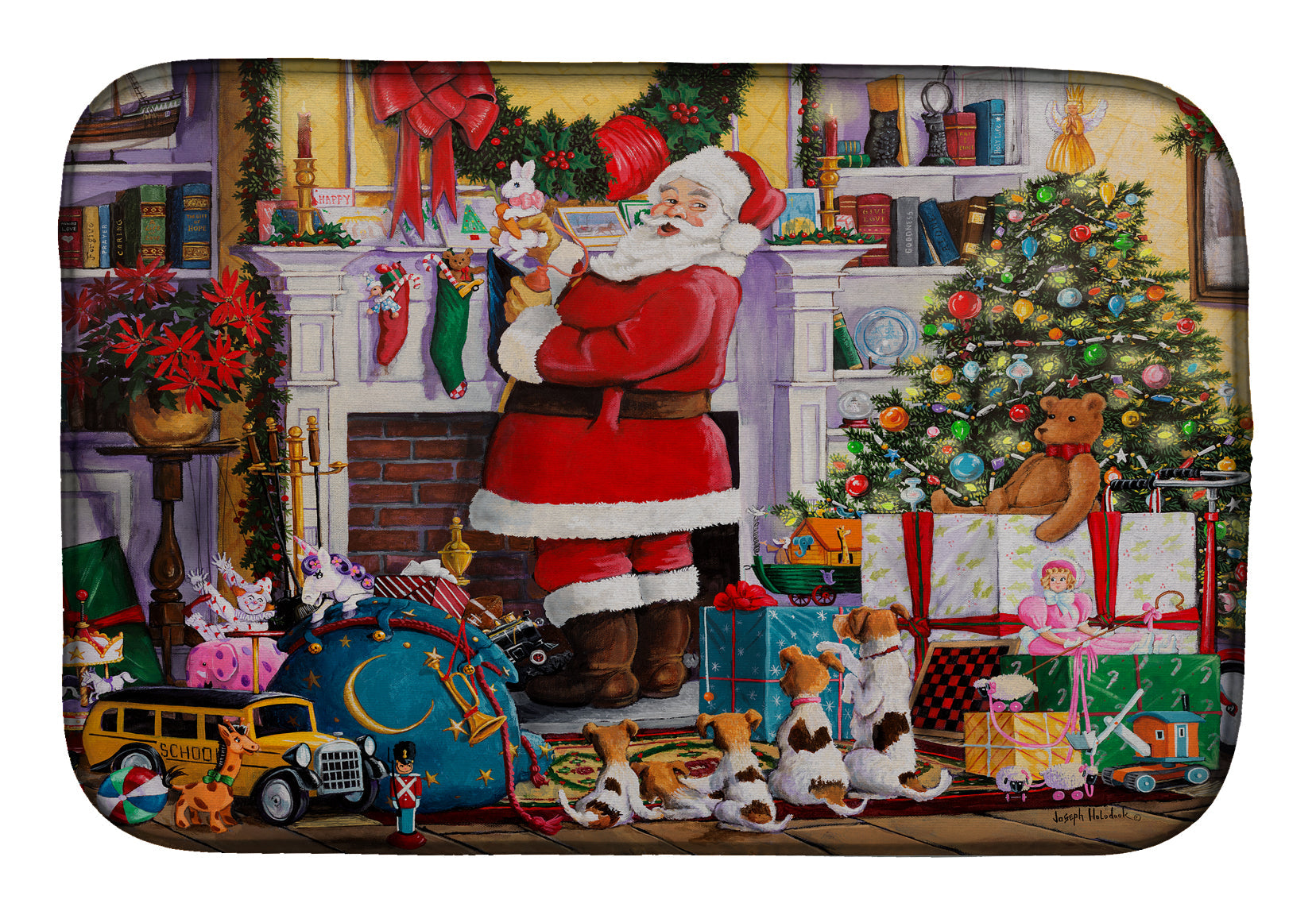 Santa Claus Placing the Presents Dish Drying Mat Absorbent Dish Drying Mat Pad for Kitchen Counter Dish Drainer Mat for Countertop, 14 x 21", Multicolor