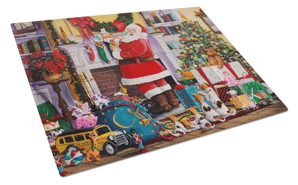 Santa Claus Placing the Presents Cutting Board Tempered Glass Kitchen Cutting Surface, Heat Resistant Chopping, Non-Slip Feet, Food Prep & Serving