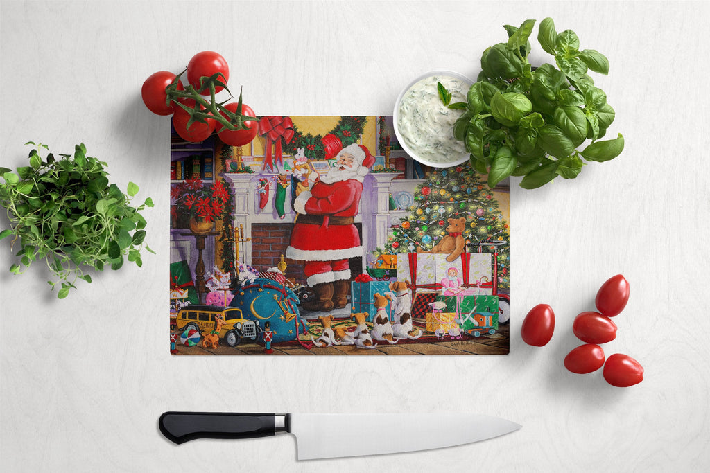 Santa Claus Placing the Presents Cutting Board Tempered Glass Kitchen Cutting Surface, Heat Resistant Chopping, Non-Slip Feet, Food Prep & Serving