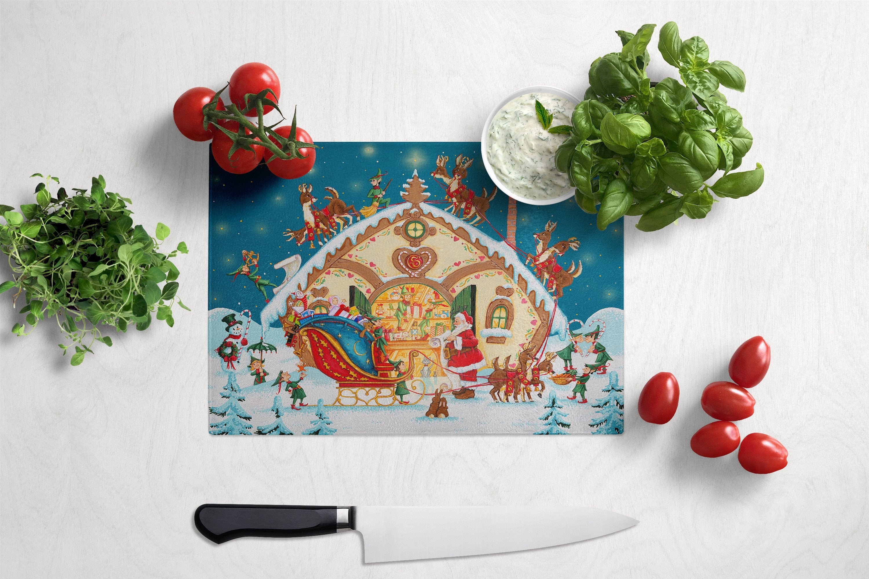 Santa Claus Loading the Sleigh Cutting Board Tempered Glass Kitchen Cutting Surface, Heat Resistant Chopping, Non-Slip Feet, Food Prep & Serving