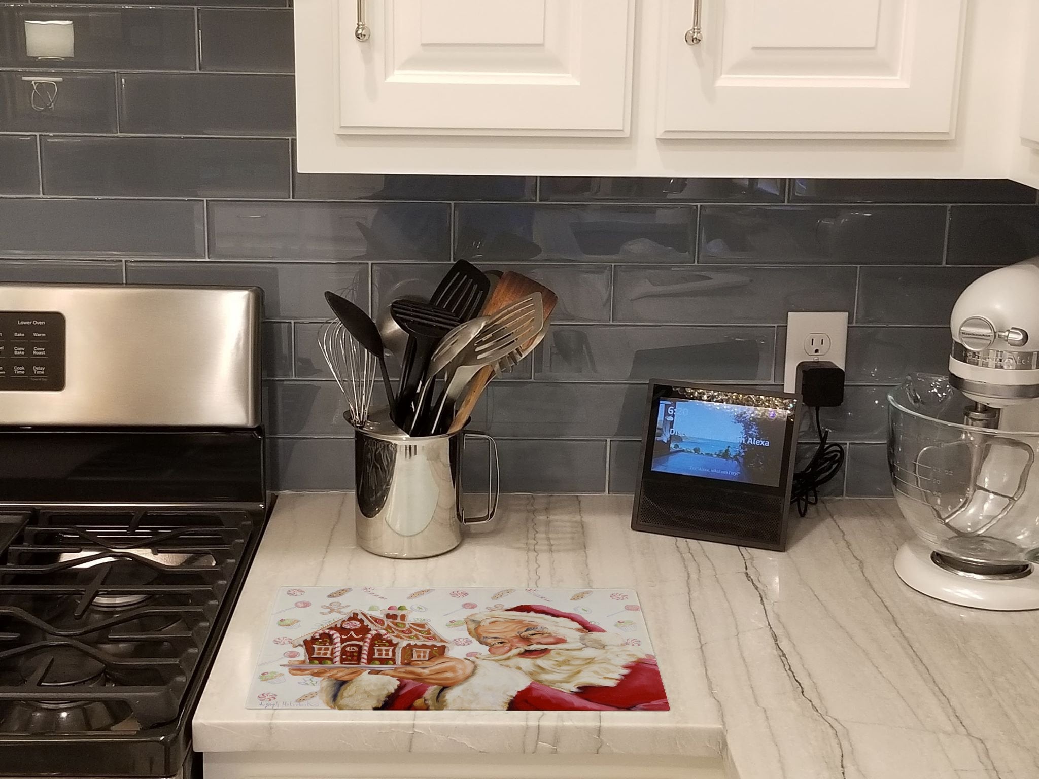 Santa Claus A Home for the Holidays Cutting Board Tempered Glass Kitchen Cutting Surface, Heat Resistant Chopping, Non-Slip Feet, Food Prep & Serving