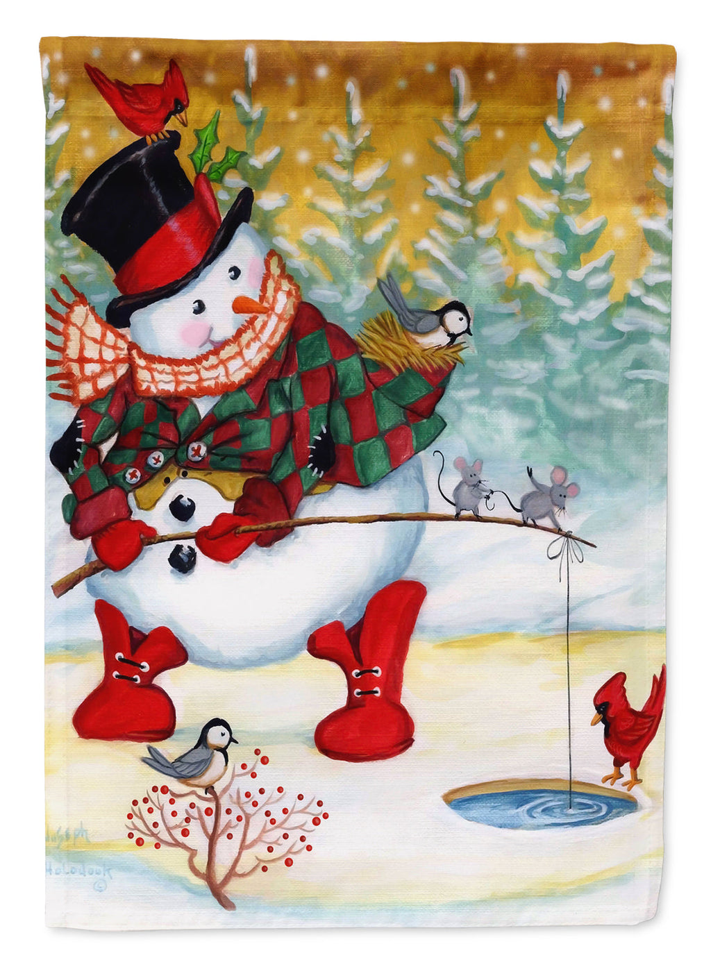 Snowman Fish'en Friends House Flag 28x40 Porch Sleeve Pole Decorative Outside Yard Banner Artwork Wall Hanging, Polyester