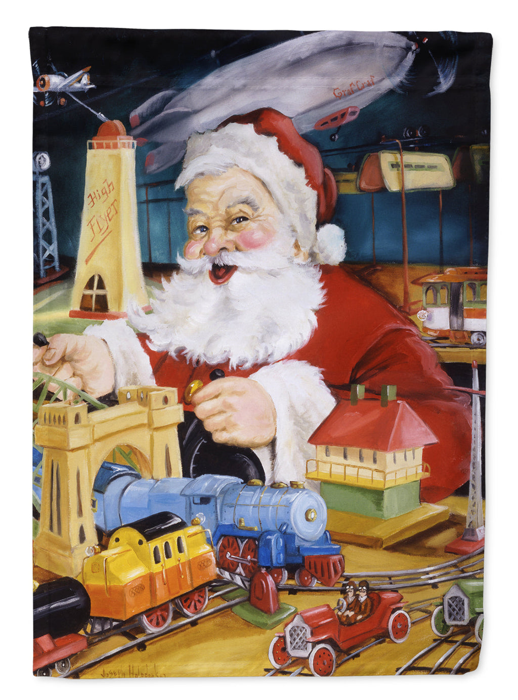 Santa Claus Tin Toy Time House Flag 28x40 Porch Sleeve Pole Decorative Outside Yard Banner Artwork Wall Hanging, Polyester