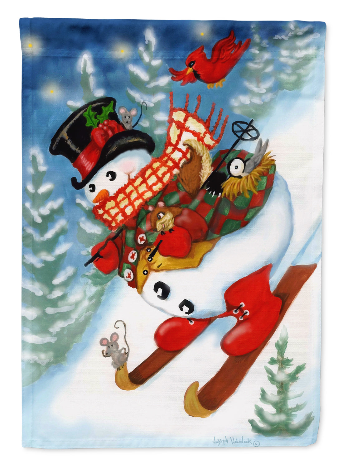 Snowman Ski Party House Flag 28x40 Porch Sleeve Pole Decorative Outside Yard Banner Artwork Wall Hanging, Polyester