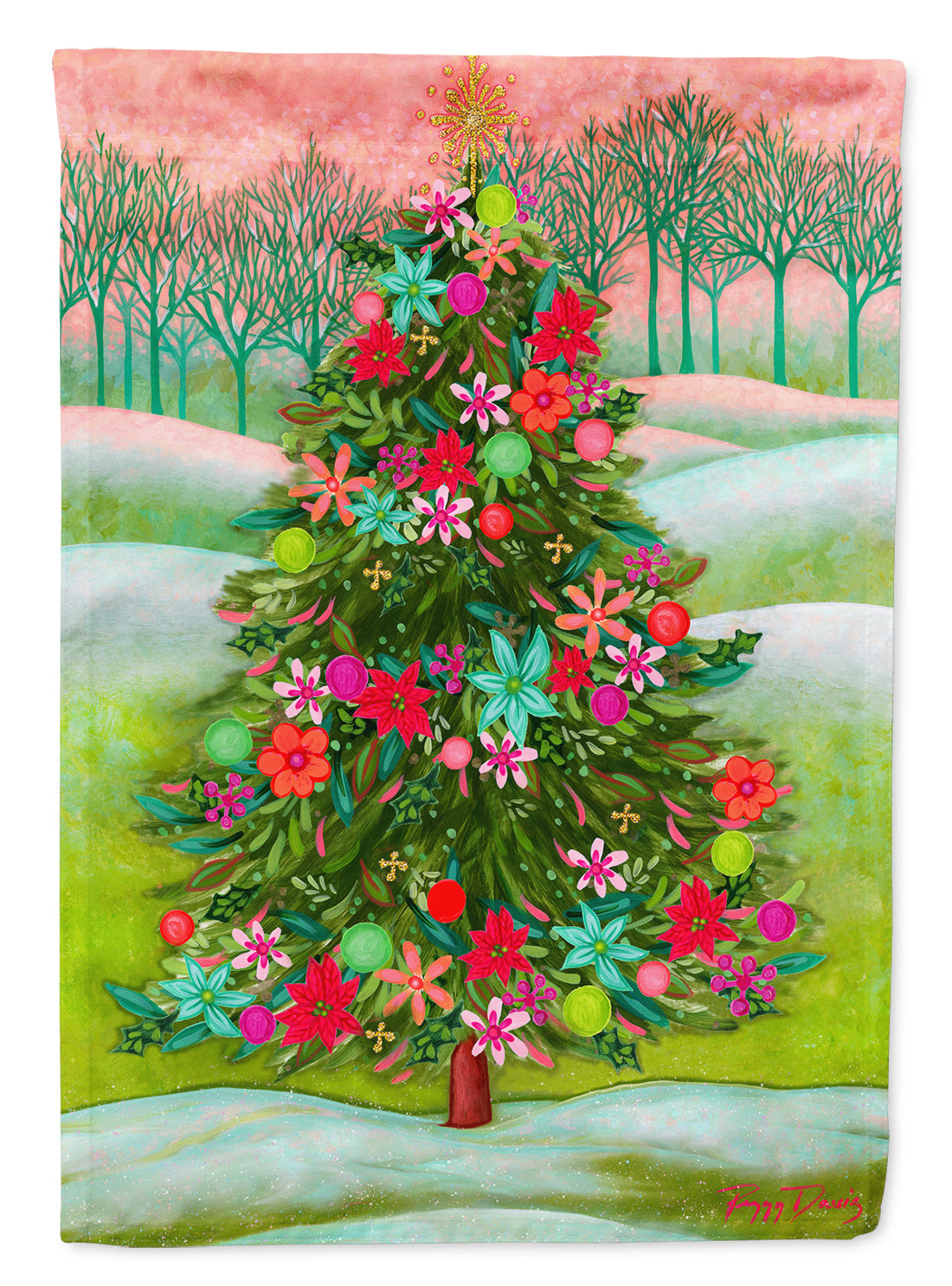 Poinsetta Oh Christmas Tree House Flag 28x40 Porch Sleeve Pole Decorative Outside Yard Banner Artwork Wall Hanging, Polyester