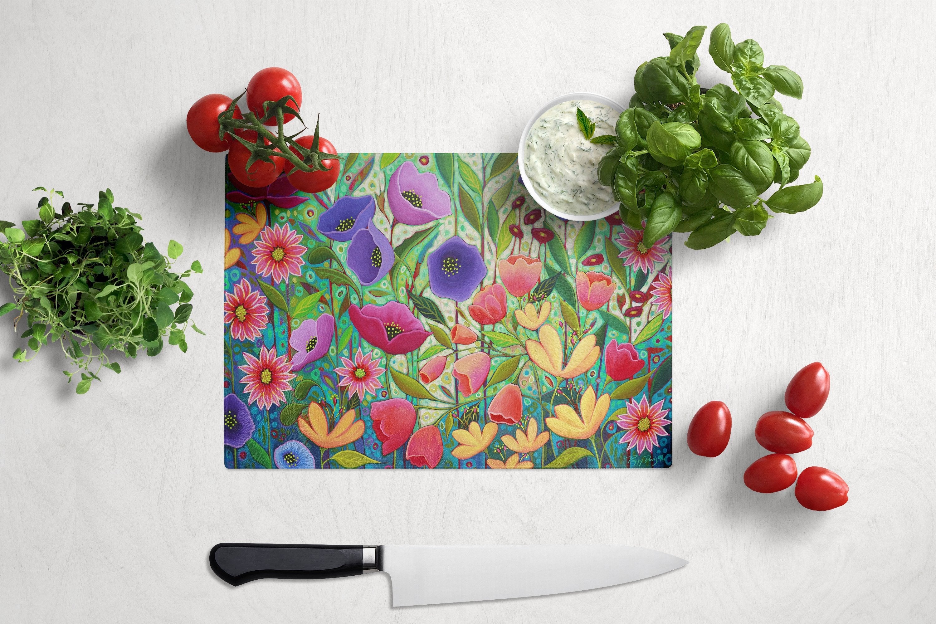 Enchanted Garden Flowers Cutting Board Tempered Glass Kitchen Cutting Surface, Heat Resistant Chopping, Non-Slip Feet, Food Prep & Serving