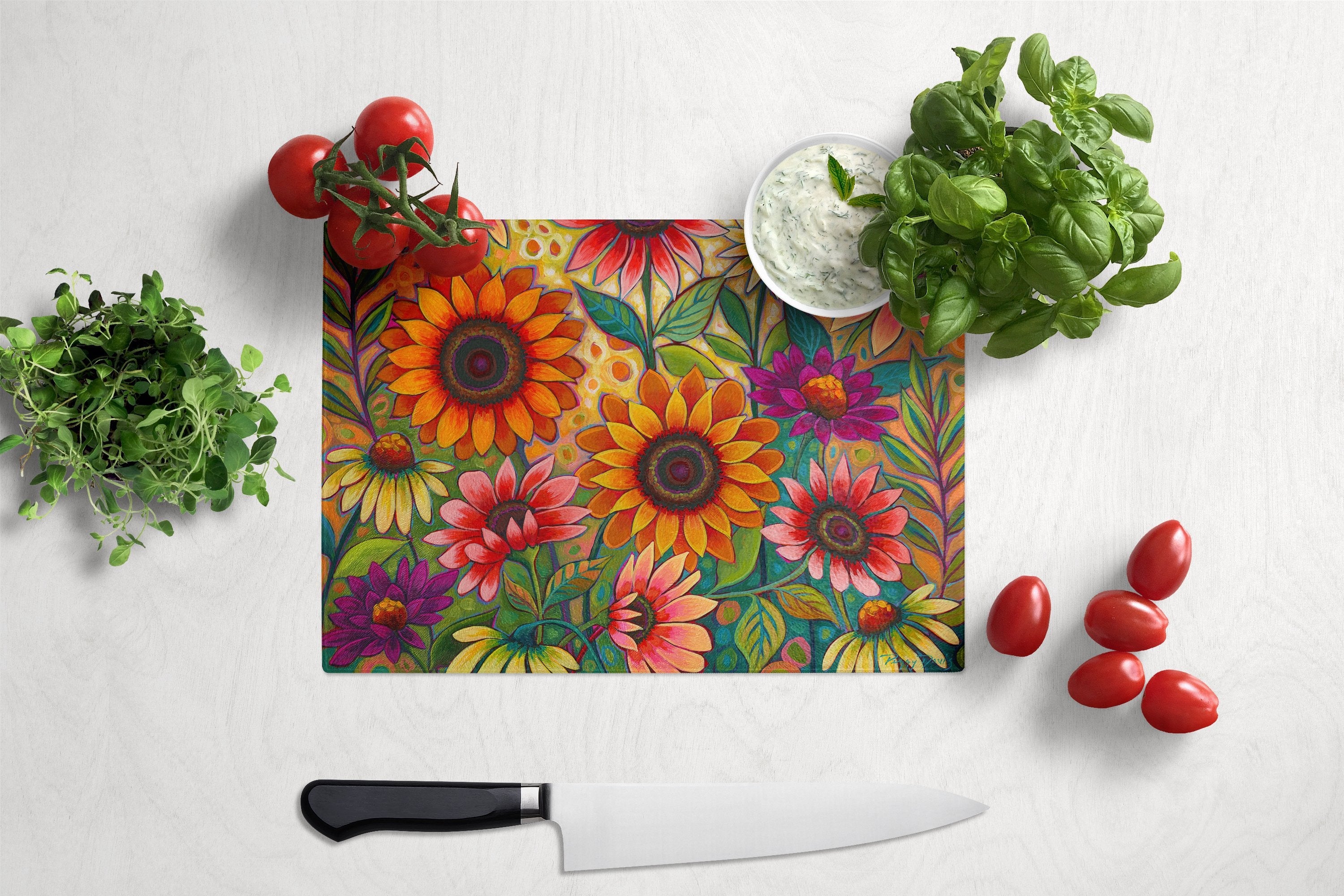 Fall Sunflower Surprise Cutting Board Tempered Glass Kitchen Cutting Surface, Heat Resistant Chopping, Non-Slip Feet, Food Prep & Serving
