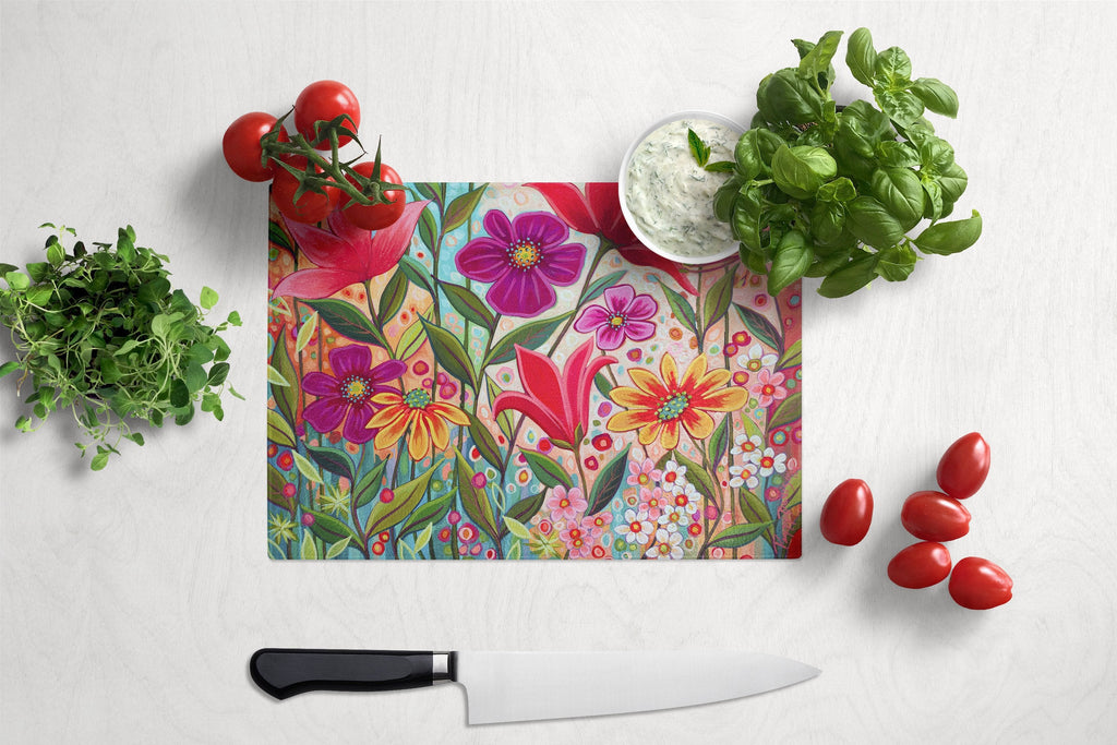 Fanciful Flowers Cutting Board Tempered Glass Kitchen Cutting Surface, Heat Resistant Chopping, Non-Slip Feet, Food Prep & Serving