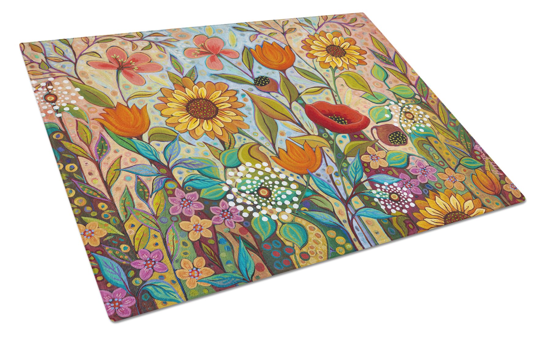 Joy in the Morning Flowers Cutting Board Tempered Glass Kitchen Cutting Surface, Heat Resistant Chopping, Non-Slip Feet, Food Prep & Serving