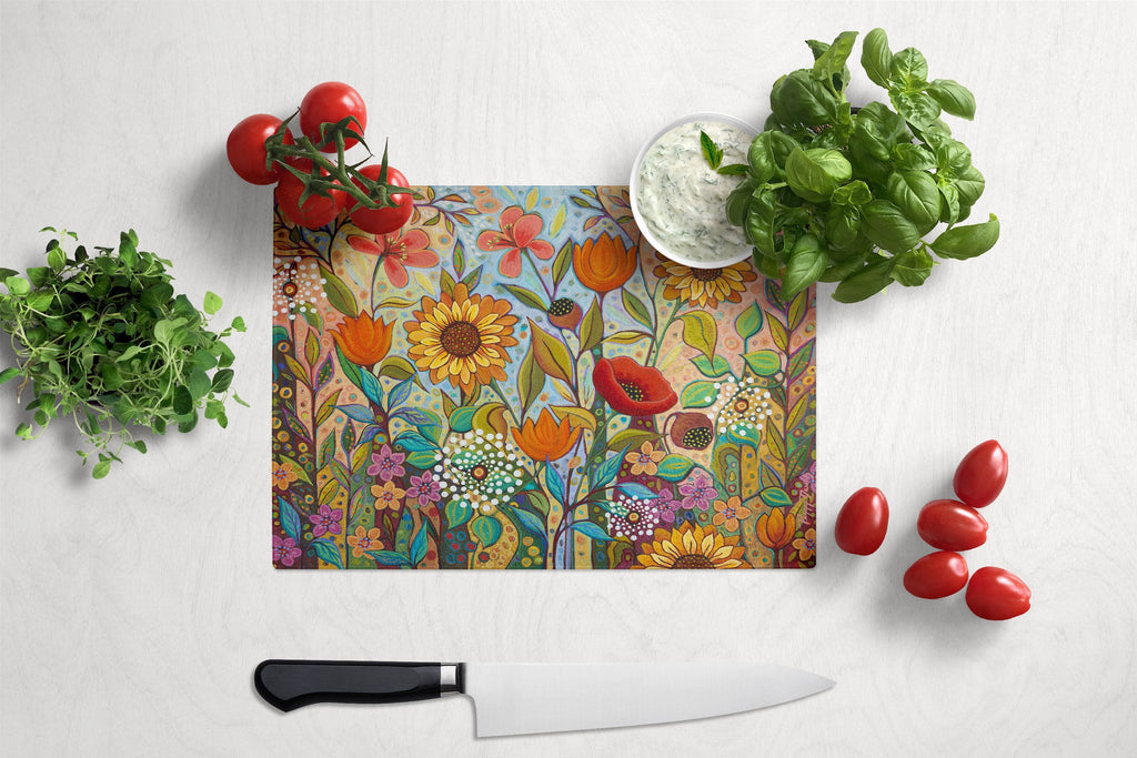Joy in the Morning Flowers Cutting Board Tempered Glass Kitchen Cutting Surface, Heat Resistant Chopping, Non-Slip Feet, Food Prep & Serving