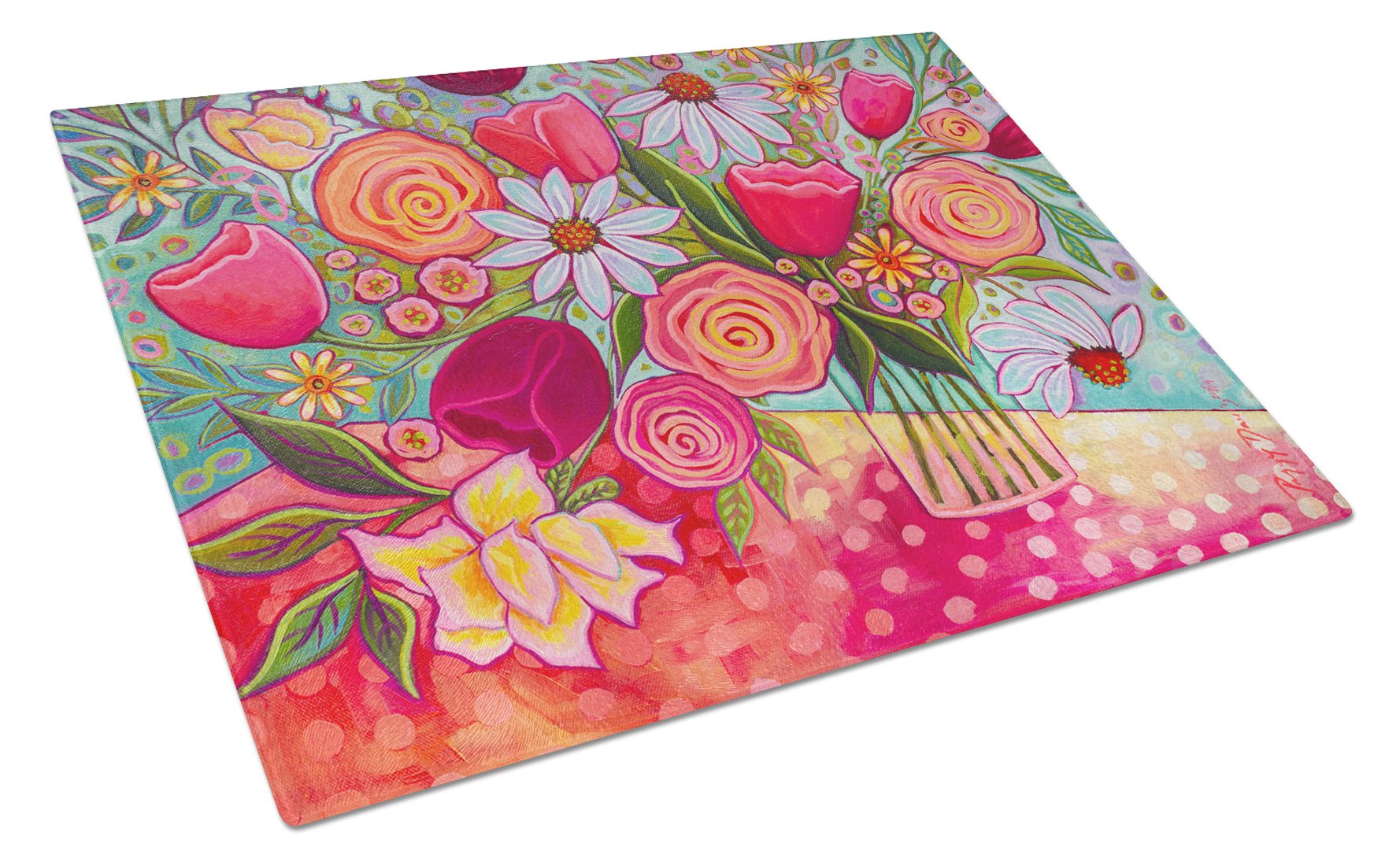 Polka Dots Flowers Cutting Board Tempered Glass Kitchen Cutting Surface, Heat Resistant Chopping, Non-Slip Feet, Food Prep & Serving